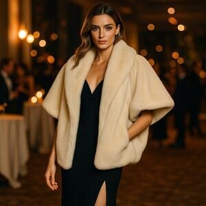 Gemma Layne Cream White Faux Fur Cape Shawl Collar Dolman Sleeves One Size